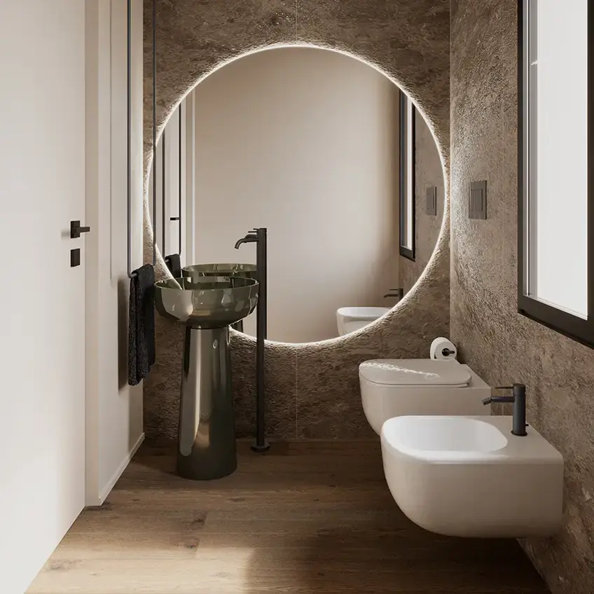 Ristrutturazione bagno Brescia: piccolo bagno di design con lavandino verde - Giallo Pastello Interior Design Brescia Ristrutturazione bagno Brescia: piccolo bagno di design con lavandino verde - Giallo Pastello Interior Design Brescia