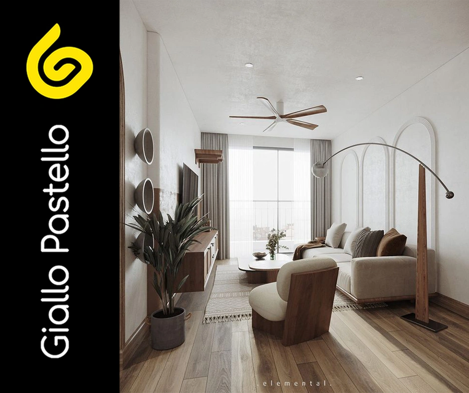 Arredare un soggiorno piccolo: soggiorno con dettagli in legno - Giallo Pastello Interior Design