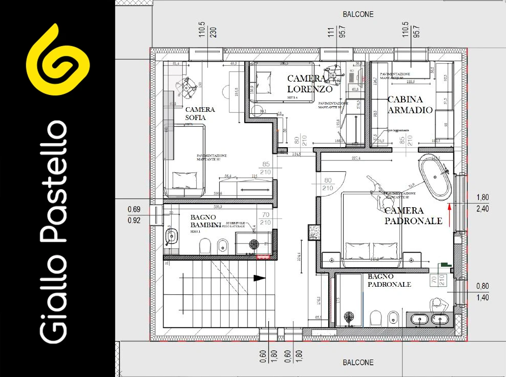 Villa a Brescia, Progetto: planimetria primo piano  - Giallo Pastello Interior Design Brescia Milano